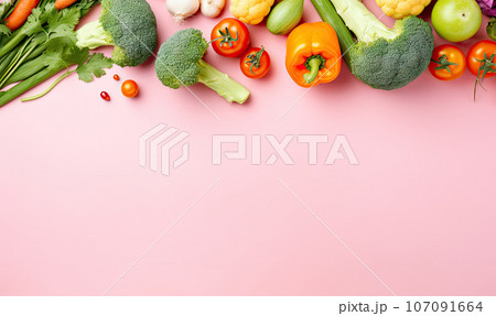 Top view vegetables on pink background. Created by AI tools 107091664