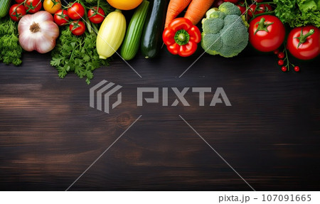 Vegetables on black wood background. Vegetarian organic food banner. Cooking ingredient. Created by AI tools 107091665