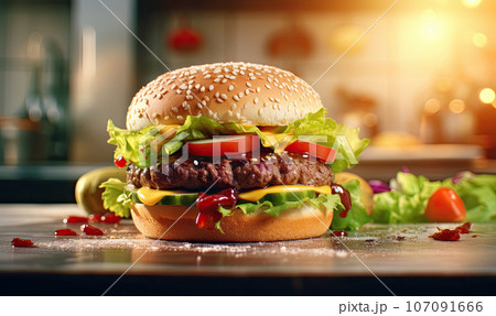 Mouth watering hamburger with fresh ingredients. Created by AI 107091666