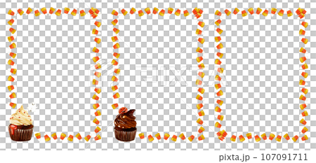 Hand drawn watercolor Halloween rectangular frames with cupcakes and candycorns. Decorative pre-made composition for cards, diplomas and invitations made by alcohol marker 107091711