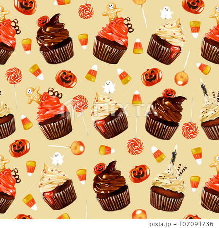 Watercolor Halloween seamless pattern illustration. Funny Halloween print with lollypops, candy corn, cakes and pumpkin on beige background. Creepy 31 of October holiday wallpaper. Watercolor Halloween seamless pattern illustration. Funny Halloween print with lollypops, candy corn, cakes and pumpkin on beige background. Creepy 31 of October holiday wallpaper. 107091736