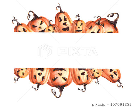 Happy Halloween pumpkin scary face. Square frame, banner with orange watercolor stains. Autumn watercolor illustration hand painting on white background. Halloween celebration cards, flyer, banner Happy Halloween pumpkin scary face. Square frame, banner with orange watercolor stains. Autumn watercolor illustration hand painting on white background. Halloween celebration cards, flyer, banner 107091853