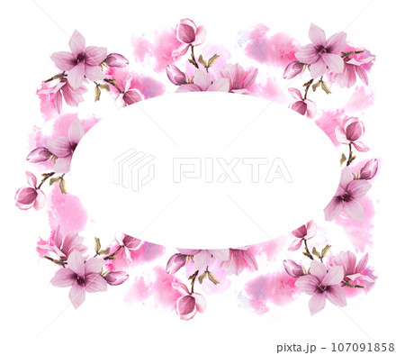 Floral frame with watercolor pink magnolias bough flowers and buds. Hand painted illustration on white background with pink watercolor stains. Design for wedding invitations and greeting cards Floral frame with watercolor pink magnolias bough flowers and buds. Hand painted illustration on white background with pink watercolor stains. Design for wedding invitations and greeting cards 107091858