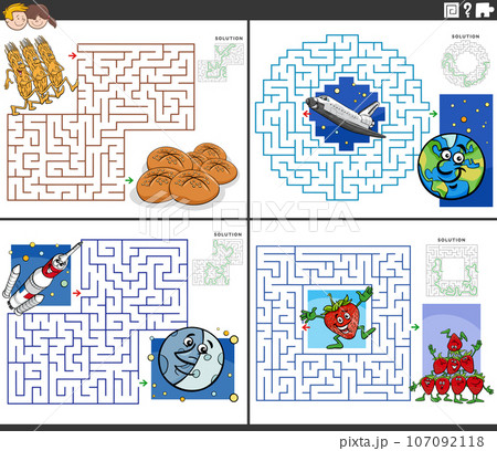 maze activities set with funny cartoon characters 107092118