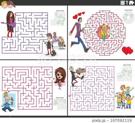 maze activities set with cartoon people characters 107092119