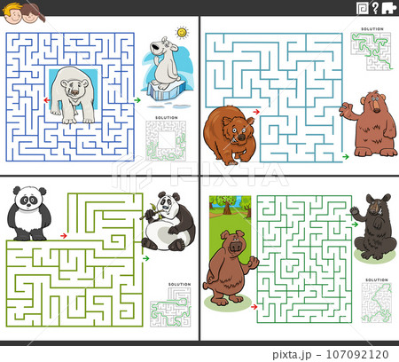 maze activities set with cartoon bears animal characters 107092120