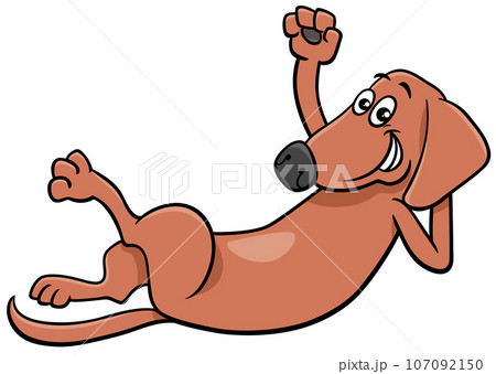 cartoon brown dog character lying down and waving paw 107092150