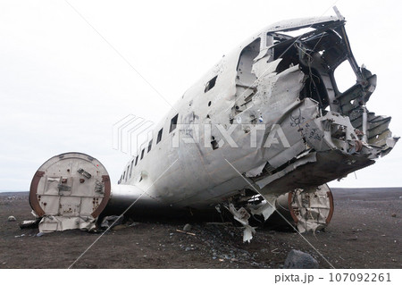 Solheimasandur plane wreck view. South Iceland landmark Solheimasandur plane wreck view. South Iceland landmark 107092261