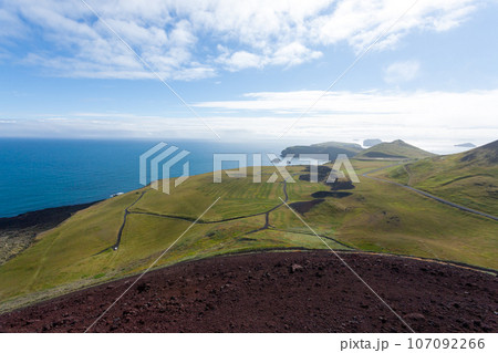Vestmannaeyjar island beach day view, Iceland landscape. 107092266