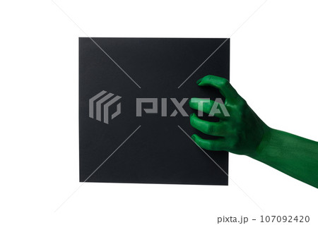 PNG, zombie hands holding a sheet of black paper, isolated on white background. 107092420