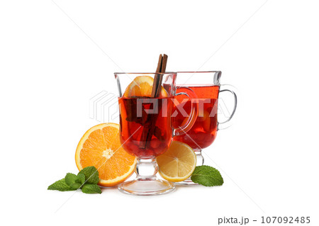 Concept of hot drink - berry and fruit tea, isolated on white background Concept of hot drink - berry and fruit tea, isolated on white background 107092485