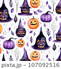 紫のハロウィンかぼちゃと帽子の水彩パターン 107092516