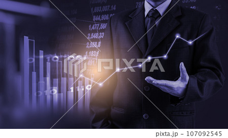 Stock market or forex trading graph and candlestick chart suitable for financial investment concept. Economy trends background for business idea and all art work design. Abstract finance background.. 107092545