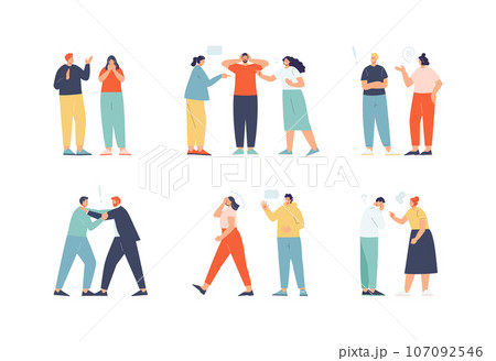 Quarreling discontented and shouting people. Conflict, confrontation 107092546
