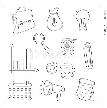 Business, stationery doodle vector set. Sketch icons briefcase, pen, megaphone, scheme. Files folders, magnifier business signs in outline style. 107092968