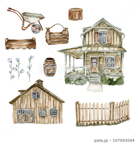 Watercolor illustration of an old country wooden house and farm elements. Hand drawn illustration perfect for wedding invitation, greetings card, posters. 107093084
