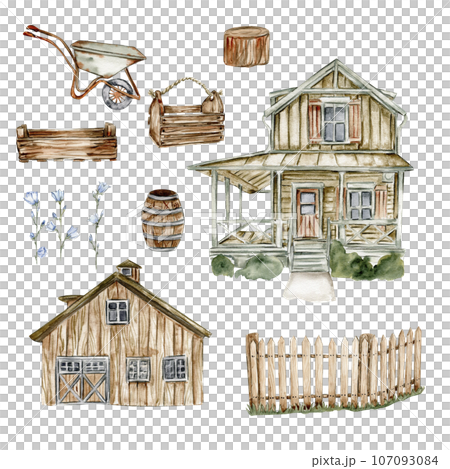 Watercolor illustration of an old country wooden house and farm elements. Hand drawn illustration perfect for wedding invitation, greetings card, posters. 107093084