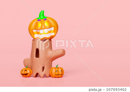 3d happy halloween party with pumpkin head, tree, timber isolated on pink background. 3d render illustration 107093402