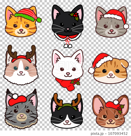 シンプルで可愛いクリスマス仕様の猫の顔のイラストセット 主線