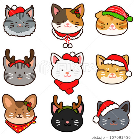 シンプルで可愛いクリスマス仕様の猫の顔のイラストセット　ゆるかわ　主線あり 107093456