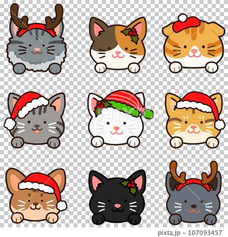 前足付きのシンプルで可愛いクリスマス仕様の猫の顔のイラストセット