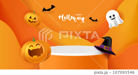 Happy Halloween 3d Vector. magic elements. Pumpkins, ghost. illustration in flat cartoon style. Happy Halloween 3d Vector. magic elements. Pumpkins, ghost. illustration in flat cartoon style. 107093546