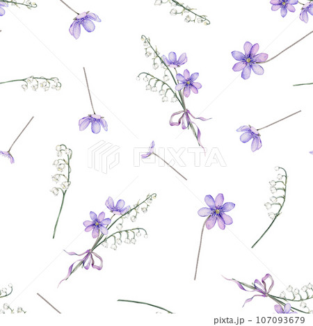 Seamless pattern watercolor spring flowers. Coppice, hepatica - first spring flowers. Spring lily of the valley Illustration of delicate lilac flowers. Hand drawn texture with white and violet flowers Seamless pattern watercolor spring flowers. Coppice, hepatica - first spring flowers. Spring lily of the valley Illustration of delicate lilac flowers. Hand drawn texture with white and violet flowers 107093679