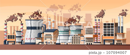 Industrial factory landscape. Cartoon city with power plant and refinery, heavy industry production building exterior view. Vector panorama Industrial factory landscape. Cartoon city with power plant and refinery, heavy industry production building exterior view. Vector panorama 107094007