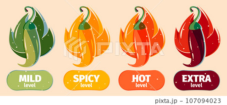 Hot sauce level. Chili pepper rating scale, capsaicin indicator asian cuisine food, spicy ketchup restaurant indicator. Vector colorful set 107094023