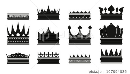 Black king crown. Medieval nobleman ranking emblem silhouette, luxury monarchy insignia, success and victory award. Vector isolated set 107094026