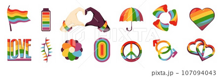 LGBTQ community symbols. Set of colorful LGBT parade symbols, groovy hands and flag icons, festival parade awareness slogan. Vector collection 107094043