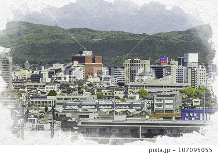 水彩画風　倉敷市役所　倉敷市街地　倉敷駅方面　岡山県倉敷市 107095055