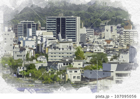 水彩画風　倉敷市役所　倉敷市街地　倉敷駅方面　岡山県倉敷市 107095056