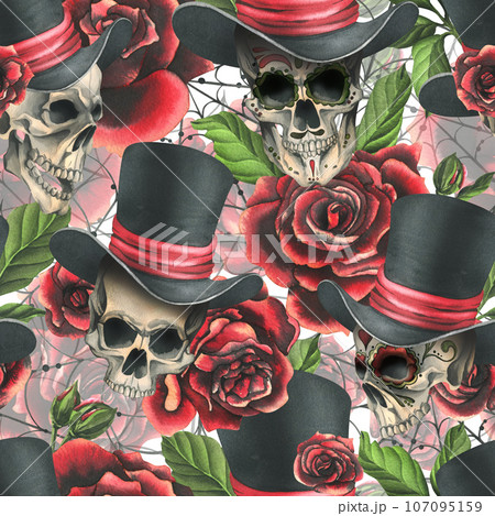 Human skull in a top hat with red roses and cobwebs. Hand drawn watercolor illustration for Halloween, day of the dead, Dia de los muertos. Seamless pattern on white background Human skull in a top hat with red roses and cobwebs. Hand drawn watercolor illustration for Halloween, day of the dead, Dia de los muertos. Seamless pattern on white background 107095159