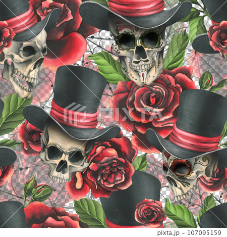 Human skull in a top hat with red roses and cobwebs. Hand drawn watercolor illustration for Halloween, day of the dead, Dia de los muertos. Seamless pattern on white background 107095159