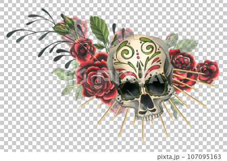 Human skull with an ornament, red roses in a golden crown. Hand drawn watercolor illustration for Halloween, day of the dead, Dia de los muertos. Isolated composition on a white background. Human skull with an ornament, red roses in a golden crown. Hand drawn watercolor illustration for Halloween, day of the dead, Dia de los muertos. Isolated composition on a white background. 107095163