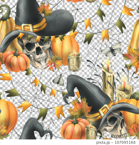 Human skulls in a black witch hat, orange pumpkins, cobwebs, candles and autumn maple leaves. Hand drawn watercolor illustration for Halloween. Seamless pattern on a white background. Human skulls in a black witch hat, orange pumpkins, cobwebs, candles and autumn maple leaves. Hand drawn watercolor illustration for Halloween. Seamless pattern on a white background. 107095168