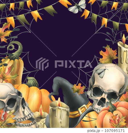 Human skulls with black witch hat, orange pumpkins, cobwebs, candles and autumn maple leaves. Hand drawn watercolor illustration for Halloween. Frame, template on a dark purple background. Human skulls with black witch hat, orange pumpkins, cobwebs, candles and autumn maple leaves. Hand drawn watercolor illustration for Halloween. Frame, template on a dark purple background. 107095171