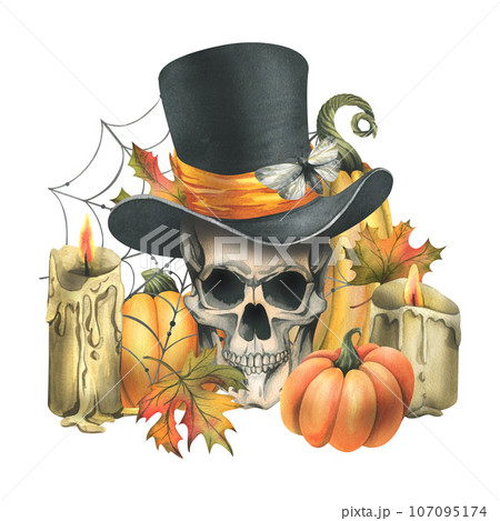 Human skull in black top hat with orange pumpkins, cobweb, candles and autumn maple leaves. Hand drawn watercolor illustration for Halloween. Isolated composition on a white background. 107095174