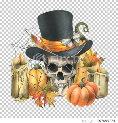 Human skull in black top hat with orange pumpkins, cobweb, candles and autumn maple leaves. Hand drawn watercolor illustration for Halloween. Isolated composition on a white background. 107095174