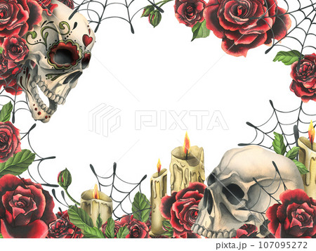 Ornamented human skull with red roses, candles and cobwebs. Hand drawn watercolor illustration for day of the dead, halloween, Dia de los muertos. Square frame, template on white background 107095272