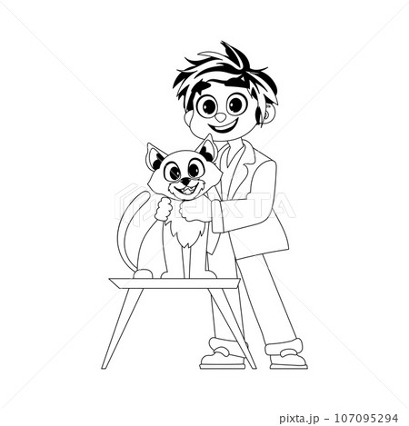 A joyful man who likes and cares for animals, like a cute cat. Childrens coloring page. 107095294