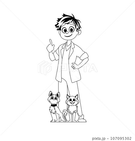 A happy man who likes and takes care of animals, including a really adorable cat. Childrens coloring page. 107095302