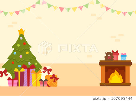 クリスマスツリーとプレゼントと暖炉がある部屋の風景 クリスマスツリーとプレゼントと暖炉がある部屋の風景 107095444