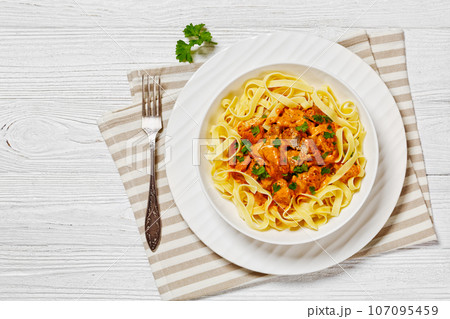 Creamy Paprika Pork Chunks over tagliatelle noodle Creamy Paprika Pork Chunks over tagliatelle noodle 107095459