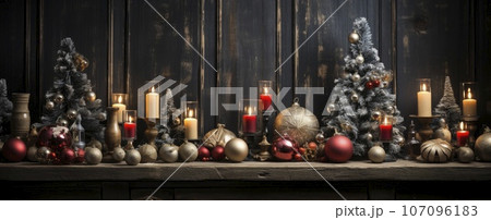 Christmas, New Year interior with red brick wall background, decorated fir tree with garlands and balls, dark drawer. 107096183