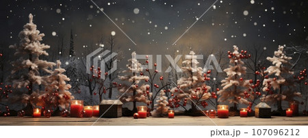 Christmas, New Year interior with red brick wall background, decorated fir tree with garlands and balls, dark drawer. 107096212