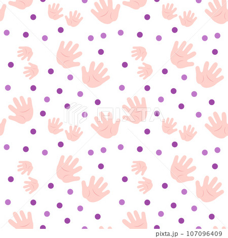 Seamless pattern with baby handprints and circles. Flat color vector illustration. 107096409
