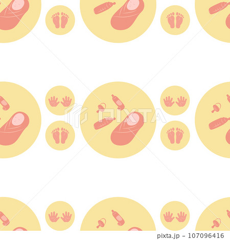Seamless pattern with swaddled baby, handprints, footprints, pacifier and bottle. Seamless pattern with swaddled baby, handprints, footprints, pacifier and bottle. 107096416