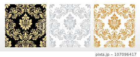 Wallpapers in the style of Baroque. Seamless vector backgrounds. Set of colored floral ornaments. Graphic patterns for fabric, wallpaper, packaging. Ornate Damask flower ornaments 107096417
